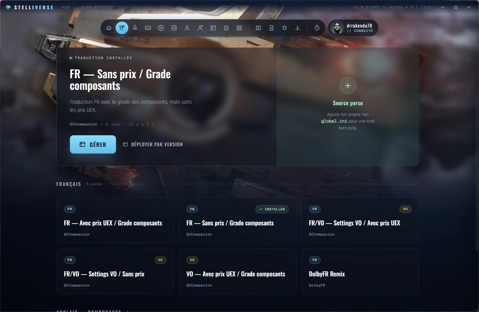 Écran Traductions de Stelliverse